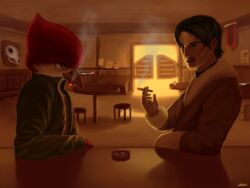  2016 4:3 anonymous_artist anthro avian avian_(starbound) bar beak bird bomber_jacket cigar cigarette clothed clothing digital_media_(artwork) duo feathers furniture hi_res human jacket maladash male mammal open_mouth red_body red_feathers saloon smoke smoking starbound stool topwear western 