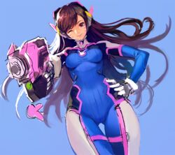  ;) aiming aiming_at_viewer animal_print armor blue_bodysuit bodysuit bracer breasts brown_eyes brown_hair charm_(object) chkuyomi closed_mouth commentary_request cowboy_shot d.va_(overwatch) facepaint facial_mark female gloves gun hand_on_own_hip handgun headphones high_collar holding holding_gun holding_weapon korean_commentary long_hair long_sleeves medium_breasts one_eye_closed overwatch overwatch_1 pauldrons pilot_suit pink_lips rabbit_print ribbed_bodysuit shoulder_armor shoulder_pads simple_background skin_tight smile solo swept_bangs thigh_gap thigh_strap weapon whisker_markings white_gloves 