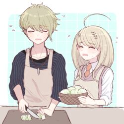  1boy ahoge amami_rantaro apron basket blonde_hair blush breasts closed_eyes collarbone collared_shirt cutting_onions danganronpa_(series) danganronpa_v3:_killing_harmony facing_viewer fc_(efushii) female flying_sweatdrops food grey_background holding holding_knife jewelry kitchen_knife knife long_hair medium_breasts necklace necktie onion open_mouth pink_vest shirt striped_clothes striped_shirt tears upper_body vest white_shirt 