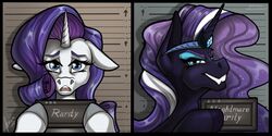  2023 2:1 barbie_and_ken_mugshot_meme black_body blue_eyes crown duo english_text equid equine female feral friendship_is_magic grin hair hasbro headgear hi_res holding_object holding_sign horn idw_publishing looking_at_viewer mammal meme multicolored_hair my_little_pony my_little_pony_(idw) mythological_creature mythological_equine mythology nightmare_rarity_(idw) purple_hair rarity_(mlp) sign smile stirren text tiara two_tone_hair unicorn white_body 