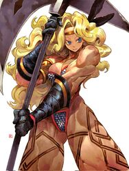  amazon_(dragon&#039;s_crown) andrewcockroach armlet armor ass_visible_through_thighs bikini bikini_armor blonde_hair blue_eyes breasts circlet cleavage dragon&#039;s_crown feather_hair_ornament feathers female gloves hair_ornament halberd highres holding holding_polearm holding_weapon leg_tattoo looking_to_the_side muscular muscular_female polearm simple_background solo swimsuit tattoo thick_thighs thighs thong_bikini wavy_hair weapon 