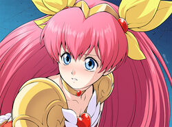  ai_tenshi_densetsu_wedding_peach armor bishoujo_senshi_sailor_moon bishoujo_senshi_sailor_moon_s blue_eyes brooch choker commentary derivative_work female hair_ribbon hanasaki_momoko headgear heart heart_brooch jewelry kouda_tomohiro leaning_forward light_frown long_hair looking_to_the_side magical_girl meme parody parted_lips pauldrons pink_hair ribbon sailor_moon_redraw_challenge_(meme) screenshot_redraw shoulder_armor solo sweatdrop twitter_username upper_body wedding_peach wing_brooch yellow_choker yellow_ribbon 