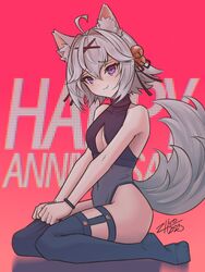  absurdres ahoge animal_ears anniversary bell black_leotard black_ribbon black_thighhighs blush breasts cat_ears cat_girl cat_tail cleavage_cutout clothing_cutout covered_navel female filian_(vtuber) grey_hair hair_bell hair_ornament hair_ribbon highleg highleg_leotard highres indie_virtual_youtuber leotard looking_at_viewer medium_breasts navel purple_eyes ribbon short_hair sidelocks sleeveless sleeveless_turtleneck sleeveless_turtleneck_leotard smile solo tail thigh_strap thighhighs turtleneck turtleneck_leotard virtual_youtuber x_hair_ornament zhvo 