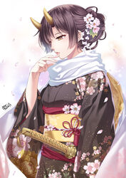  alternate_costume arm_at_side black_hair black_kimono breasts chobipero commentary_request cowboy_shot daihannya_nagamitsu_(tenka_hyakken) female finger_to_mouth floral_print flower gradient_scarf hair_bun hair_flower hair_ornament hand_up horns japanese_clothes kanzashi katana kimono long_sleeves looking_at_hand looking_away looking_down obi oni_horns parted_lips petals pink_flower profile sash scarf sidelocks single_hair_bun solo sword tassel tenka_hyakken updo weapon white_background white_scarf yellow_eyes 