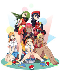  6+girls ace_trainer_(pokemon) barefoot belt black_gloves black_hair blonde_hair breasts brown_eyes cleavage closed_eyes commentary dark-skinned_female dark_skin feet gloves green_eyes green_hair hair_rings hand_on_own_hip hat highres jacket knees_together_feet_apart lass_(pokemon) long_hair mole mole_under_eye multiple_girls nail_polish orange_hair poke_ball poke_ball_(basic) pokemon pokemon_frlg pokemon_masters_ex pokemon_oras pokemon_ranger_(pokemon) pokemon_xy punk_girl_(pokemon) rising_star_(pokemon) seiza sharp_teeth short_hair sitting skirt smile socks swimmer_(pokemon) teeth tm_(hanamakisan) toenail_polish toenails toes twintails 