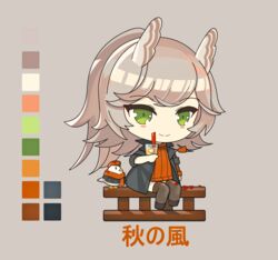  animal asymmetrical_sleeves autumn_leaves azur_lane bird black_footwear black_jacket blush_stickers brown_thighhighs cabbie_hat chick closed_mouth clothed_animal color_guide commentary cup drawstring drinking_straw english_commentary female green_eyes grey_background grey_hair hat head_wings highres holding holding_cup jacket janyhero kitakaze_(azur_lane) layered_sleeves long_hair long_sleeves looking_at_viewer manjuu_(azur_lane) mixed-language_commentary open_clothes open_jacket orange_hat orange_sweater ribbed_sweater short_over_long_sleeves short_sleeves sitting smile solo sweater thighhighs translated uneven_sleeves very_long_hair wings 