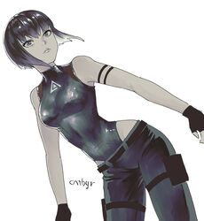  artist_name bad_id bad_twitter_id black_gloves black_hair black_leotard black_pants breasts cntbgr covered_navel cowboy_shot female fingerless_gloves ghost_in_the_shell ghost_in_the_shell:_sac_2045 gloves grey_eyes highleg highleg_leotard highres kusanagi_motoko leotard medium_breasts pants short_hair simple_background sleeveless solo white_background 