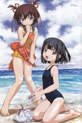  2girls :d bare_shoulders barefoot beach biting black_hair blue_eyes blue_one-piece_swimsuit blush_stickers bob_cut bow brown_hair casual_one-piece_swimsuit cloud cloudy_sky day embarrassed feet finger_biting flat_chest from_side hair_between_eyes hair_ribbon hand_to_own_mouth highres hitotsubashi_yurie holding japanese_clothes kamichu! kneeling knees_together_feet_apart lolicon looking_at_viewer looking_back megami_magazine multiple_girls non-web_source ocean official_art one-piece_swimsuit open_mouth outdoors rake red_eyes ribbon sack saegusa_miko scan school_swimsuit sea_cucumber shirt_tug short_hair sky smile soles standing swimsuit swimsuit_skirt swimsuit_under_clothes tentacle two_side_up uon_taraku water yellow_one-piece_swimsuit 