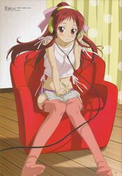  blush brown_eyes brown_hair chair crop_top curtains easy_chair female hair_ribbon hand_on_own_ear headphones highres long_hair magazine_scan midriff morioka_hideyuki music navel notebook official_art onda_aka panties pen polka_dot rec_(manga) red_thighhighs ribbon scan sitting solo striped_clothes striped_panties thighhighs underwear voice_actor wooden_floor 