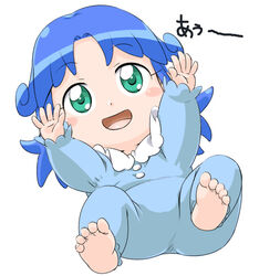  aged_down baby barefoot blue_hair feet female fushigiboshi_no_futago_hime green_eyes lying photoshop_(medium) rein_(futagohime) smile soles solo toes youkan 