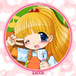  1990s_(style) ;d blonde_hair blue_eyes blunt_bangs blush circle close-up eighth_note female flower hair_bobbles hair_ornament karaoke kayama_licca lolicon long_hair microphone music musical_note one_eye_closed open_mouth orange_overalls overalls retro_artstyle round_image shirt singing smile solo striped striped_background super_doll_licca-chan t-shirt tokuda_shinnosuke v v_over_eye 