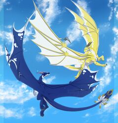  2016 axirpy blue_body blue_eyes blue_fur claws cloud dragon duo feathers feral fluffy flying fur furred_dragon furred_scalie hi_res horn ignitetheblaize lothar male membrane_(anatomy) membranous_wings multicolored_body multicolored_fur mythological_creature mythological_scalie mythology outside scalie sky skyscape spread_wings tail two_tone_body two_tone_fur white_body white_fur wings yellow_body yellow_fur 