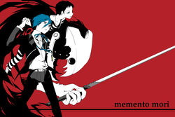  2boys 35 black_hair blue_hair commentary_request digital_media_player gekkoukan_high_school_uniform male_focus multiple_boys persona persona_3 pharos ribbon school_uniform sword thanatos_(persona) weapon yuuki_makoto_(persona_3) 