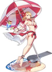  ankleband ass azur_lane bare_shoulders barefoot beach beach_umbrella bikini blonde_hair blue_hawaii bracelet braid breasts choker closed_mouth covered_nipples earrings enka_(bcat) eyebrows faux_figurine feet female flower food french_braid fruit full_body hair_flower hair_ornament holding holding_removed_eyewear ice_cream ice_cream_float jewelry kneepits large_breasts lifebuoy lime_(fruit) multicolored_bikini multicolored_clothes official_alternate_costume official_art parfait planted planted_umbrella prince_of_wales_(azur_lane) prince_of_wales_(sun_shining_upon_windsor)_(azur_lane) red_choker red_eyes sand sarong shawl short_hair sideboob single_braid smile soles solo star_(symbol) starfish sunglasses swept_bangs swim_ring swimsuit transparent_background tropical_drink tsurime turret twisted_torso umbrella unworn_eyewear water watermelon 