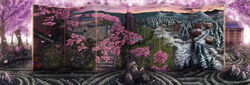  absurdres architecture cherry_blossoms cloud commentary_request dusk east_asian_architecture forest gap_(touhou) gensokyo hakugyokurou highres house incredibly_absurdres mansion md5_mismatch mountain nature no_humans outdoors photoshop_(medium) rock_garden ruins saigyou_ayakashi scenery sky snow stairs touhou tower tree village zucreelo 