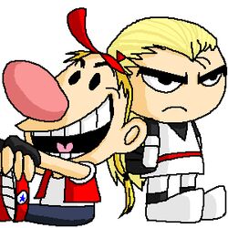  1boy andy_bogard andy_bogard_(cosplay) billy_(grim_adventures) cosplay crossover fatal_fury female lowres mandy_(grim_adventures) oekaki simple_background snk terry_bogard terry_bogard_(cosplay) the_grim_adventures_of_billy_&amp;_mandy the_king_of_fighters toon_(style) white_background 