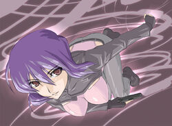  belt breasts commentary_request female fingerless_gloves ghost_in_the_shell ghost_in_the_shell_stand_alone_complex gloves gun impossible_clothes impossible_leotard jacket kusanagi_motoko large_breasts leotard pink_eyes pink_leotard purple_hair shimano_natsume short_hair smile solo weapon 