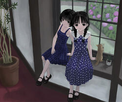  2girls bad_id bad_pixiv_id black_eyes black_footwear black_hair blue_dress braid brown_cat dress feline flower hydrangea lolicon multiple_girls original plant potted_plant reflection shimano_natsume sitting sitting_in_window twin_braids window windowsill 