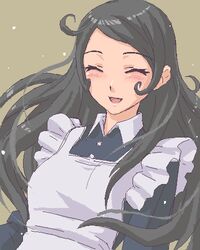  ^_^ apron black_hair blush breasts closed_eyes copyright_request female long_hair long_sleeves lowres maid oekaki open_mouth shimano_natsume simple_background small_breasts smile solo white_apron 