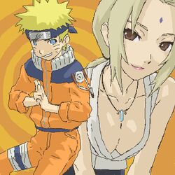  1boy bare_shoulders blonde_hair collarbone crystal crystal_necklace downblouse facial_mark female forehead_mark forehead_protector japanese_clothes jewelry kimono konohagakure_symbol long_hair looking_at_viewer lowres makeup mature_female naruto naruto_(series) necklace no_bra oekaki shimano_natsume tsunade_(naruto) uzumaki_naruto whisker_markings 