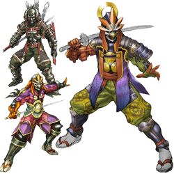  1boy amputee armor artist_request concept_art greaves helmet jinbaori katana male_focus mask multiple_persona official_art pauldrons prosthesis samurai shoulder_armor soulcalibur sword tabi weapon white_background yoshimitsu_(namco) 