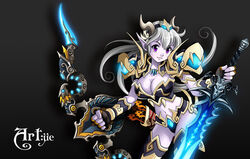  armor bikini_armor bow_(weapon) breasts cleavage draenei female frostmourne gloves large_breasts midriff photoshop_(medium) player_character_(wow) pointy_ears purple_eyes silver_hair solo sword thori&#039;dal_the_stars&#039;_fury warcraft weapon world_of_warcraft 