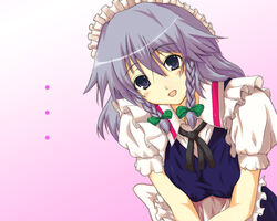  braid commentary_request female izayoi_sakuya kuku maid photoshop_(medium) ribbon short_hair solo touhou 