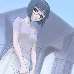  black_hair copyright_request female glasses lowres shimano_natsume short_hair solo tokyo_big_sight 