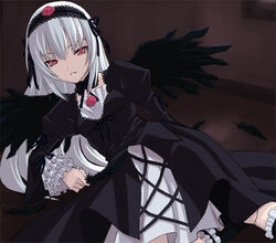  feathers female hairband red_eyes rozen_maiden shimano_natsume solo suigintou white_hair wings 