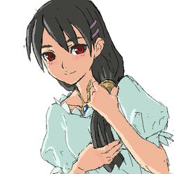  adjusting_hair black_hair copyright_request female hair_ornament hairclip hands jewelry long_hair lowres necklace oekaki red_eyes shimano_natsume smile solo 