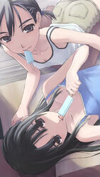  2girls black_hair camisole food licking lying multiple_girls on_back on_stomach original popsicle shimano_natsume 