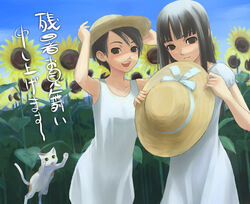  2girls copyright_request dress feline flower hat multiple_girls shimano_natsume sunflower 