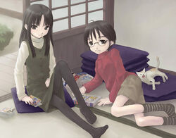  2girls book copyright_request feet feline glasses multiple_girls pantyhose pillow shimano_natsume socks tatami 