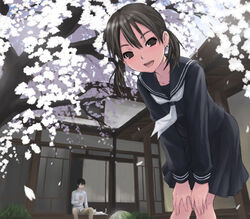  1boy cherry_blossoms commentary_request feline female glasses original outdoors reading school_uniform serafuku shimano_natsume veranda 