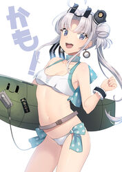  adapted_costume akagi_kurage akitsushima_(kancolle) akitsushima_(swimsuit_mode)_(kancolle) bikini breasts collarbone cowboy_shot female highres kantai_collection long_hair navel nishikitaitei-chan open_mouth polka_dot purple_eyes purple_hair side_ponytail sidelocks simple_background small_breasts smile solo swimsuit white_background white_bikini 