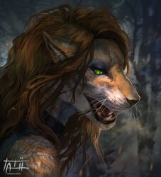  anthro black_lips black_nose brown_hair clothed clothing fangs felid female forest fur green_eyes hair hi_res lips lockpick long_hair mammal open_mouth orange_body orange_fur pantherine plant sharp_teeth solo stripes tatiilange teeth text tiger tree url whiskers white_stripes 