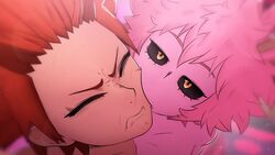  1boy 3d ashido_mina biting black_sclera boku_no_hero_academia cheek_biting close-up closed_eyes closed_mouth collarbone colored_sclera colored_skin commentary completely_nude english_commentary female frown greatm8 half-closed_eyes highres horns jitome kirishima_eijirou nude photoshop_(medium) pink_hair pink_skin red_hair short_hair source_filmmaker_(medium) v-shaped_eyebrows yellow_eyes 