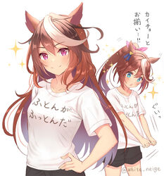  +_+ 2girls animal_ears blue_eyes blush breasts brown_hair chestnut_mouth clothes_writing collarbone commentary_request excited hair_between_eyes hair_ribbon horse_ears horse_girl long_hair looking_at_viewer looking_down medium_breasts multicolored_hair multiple_girls pink_ribbon ponytail purple_eyes ribbon serino_itsuki shirt short_sleeves smile sparkle streaked_hair symboli_rudolf_(umamusume) tokai_teio_(umamusume) translated twitter_username umamusume white_background white_hair white_shirt 