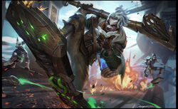  2boys aircraft airship arcane:_league_of_legends battle blurry blurry_background chengwei_pan coat commentary dark-skinned_male dark_skin dreadlocks ekko_(league_of_legends) electricity english_commentary explosion facepaint female firelight_ekko gloves highres hoverboard league_of_legends mask mohawk multiple_boys official_art over_shoulder serious solo_focus unworn_mask weapon weapon_over_shoulder white_hair 