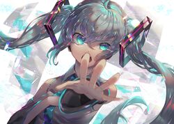  abstract_background aqua_eyes aqua_hair aqua_necktie bare_shoulders black_shirt black_sleeves breasts commentary detached_sleeves dutch_angle female foreshortening grey_shirt hand_on_own_chest hatsune_miku headphones heart heart-shaped_pupils highres kozou_kazaru long_hair long_sleeves looking_at_viewer medium_breasts necktie open_mouth outstretched_arm shirt sidelocks solo spread_fingers symbol-shaped_pupils tears twintails very_long_hair vocaloid 