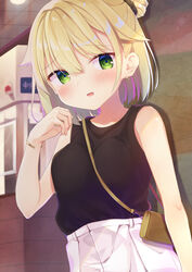  :d bag bare_arms bare_shoulders black_shirt blonde_hair blush breasts collarbone commentary_request female green_eyes hair_between_eyes hair_bun hand_up highres indoors kariya_wakana looking_at_viewer medium_breasts multicolored_hair pink_hair sanoba_witch segaxtu shirt shoulder_bag skirt sleeveless sleeveless_shirt smile solo streaked_hair white_skirt 