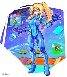  1boy ?_block alien block_(mario) block_(object) blonde_hair bodysuit commentary company_connection covered_nipples crossover female gloves highres holographic_interface kirby kirby_(series) mario_(series) metroid multiple_crossover mushroom nintendo oomasa_teikoku open_hands samus_aran skin_tight social_network solo_focus standing super_mushroom twitter twitter_logo zero_suit 