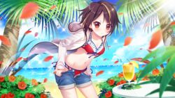  &gt;:( bandou_mikuru beach bikini blonde_hair blue_bikini blue_sky blush breasts brown_hair cherry cleavage cloud collarbone cup day denim denim_shorts diagonal-striped_bikini diagonal-striped_clothes dot_nose drink drinking_glass female fern film_grain flower food front-tie_bikini_top front-tie_top fruit game_cg hibiscus hibiscus_petals hood hoodie horizon izumi_tsubasu layered_bikini lemon lemon_slice lens_flare looking_at_viewer multicolored_hair navel non-web_source ocean official_art open_fly outdoors palm_tree re:stage! red_bikini red_eyes red_flower round_table short_hair shorts side-tie_bikini_bottom sky small_breasts solo sparkle star_(symbol) streaked_hair striped_clothes sunlight swimsuit table tree two-tone_bikini two-tone_hair undressing v-shaped_eyebrows white_bikini white_hoodie wind 