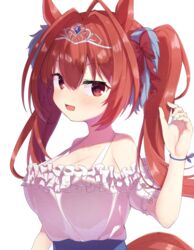  :d absurdres animal_ears blue_skirt blush bow breasts brown_hair cleavage commentary_request daiwa_scarlet_(umamusume) female frilled_shirt frills hair_between_eyes hair_intakes hairbow hand_up high-waist_skirt highres horse_ears horse_girl horse_tail large_breasts long_hair looking_at_viewer oerba_yun_fang off-shoulder_shirt off_shoulder puffy_short_sleeves puffy_sleeves red_bow red_eyes segaxtu shirt short_sleeves simple_background skirt smile solo tail tiara twintails umamusume upper_body very_long_hair white_background white_shirt 