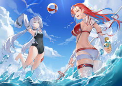  2girls absurdres ball beachball bikini bingdongluofeiyu blue_hair blue_sky bottle breasts cloud day detached_sleeves from_below highres holding holding_bottle holding_polearm holding_weapon jumping long_sleeves looking_at_viewer looking_down looking_up medium_breasts multicolored_hair multiple_girls no.21:_xxi_(solar_frost)_(punishing:_gray_raven) no.21_(punishing:_gray_raven) open_mouth outdoors polearm punishing:_gray_raven red_hair sky smile swimsuit two-tone_hair vera:_garnet_(wavebender)_(punishing:_gray_raven) vera_(punishing:_gray_raven) water weapon white_hair 