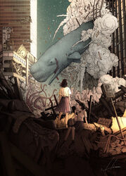  2girls black_skirt building destruction highres hiromumaru multiple_girls original outdoors pleated_skirt ruins shirt short_sleeves sign signature sitting skirt smoke sperm_whale squid standing tentacle whale white_shirt wide_shot 