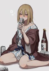  aki_(tabao) asahi_breweries bath_yukata beer_can blonde_hair blush bottle can covered_mouth drink_can drunk female hair_between_eyes half-closed_eyes highres holding holding_can japanese_clothes kimono kimono_pull looking_at_viewer mole mole_under_eye original sake_bottle simple_background single_bare_shoulder sitting solo squeans tabao wariza white_background yukata 