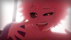  ashido_mina backlighting black_sclera bloom boku_no_hero_academia close-up collarbone colored_sclera colored_skin commentary english_commentary female greatm8 half-closed_eye hands_up highres indoors long_sleeves looking_at_viewer open_mouth photoshop_(medium) pink_hair pink_skin purple_shirt shirt sleeves_past_wrists solo source_filmmaker_(medium) teeth tongue tongue_out window yellow_eyes yellow_nails 