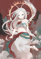  a_deer_of_nine_colors absurdres animal_ears anklet antlers arknights armlet bare_shoulders barefoot blue_eyes commentary_request crop_top deer_antlers deer_ears earrings female forehead highres horns jewelry long_hair looking_at_viewer midriff navel necklace nine-colored_deer painnico shirt smile solo stomach strapless strapless_shirt very_long_hair white_hair 