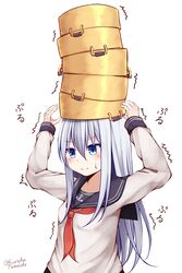  absurdres arms_up balancing black_sailor_collar blue_eyes blush breasts closed_mouth commentary_request female grey_hair hair_between_eyes hair_ornament hibiki_(kancolle) highres kantai_collection long_hair long_sleeves looking_at_viewer neckerchief object_on_head on_head pot pot_on_head red_neckerchief sailor_collar school_uniform serafuku shirt simple_background sleeves_past_wrists small_breasts smile solo sweat tateishi_kureha trembling twitter_username upper_body white_background white_shirt 